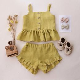 Rompers Baby Girl Suits Summer Clothes TopsShorts Vest Harness Falbala Cotton Linen Solid Colour Outfits Bebe Infant Clothing Sets 230427