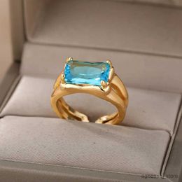 Band Rings Vintage Blue Square Stone Rings For Men Women Crystal Promise Engagement Wedding Ring Fashion Jewellery Brand Accessories R231130