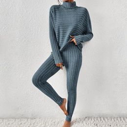 Women's Two Piece Pants Knit Outfits Turtleneck Sweater Top And Tracksuit Sets Winter Long Sleeve Solid Slim Fit Lady Suit Set