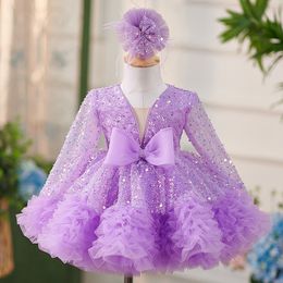 Luxurious Purple Tutu Flower Girl Dresses With Bow New Long Sleeves Shiny Lace Beaded Tiers Tulle Lilttle Kids Birthday Pageant Bling Weddding Bridesmaid Gowns