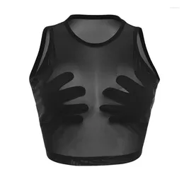 Women's Tanks Women Summer Black Mesh See Through Palm Touch The Chest Tank Top 2023 Sexy Clubwear Streetwear Crop Tops Round Neck Clothing