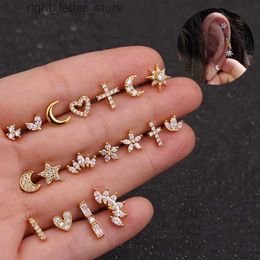 Stud 1PC Helix Flat Piercing Ear Stud Earring for Women Moon Star Zircon Cartilage Tragus Accessories Stainless Steel Jewelry KAE348 YQ231128