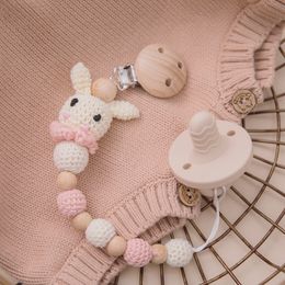 Baby Teethers Toys 1pc Bunny Pacifier Chain Clip Wood Crochet Rabbit Teething Teether Soother Holder born Product 230427