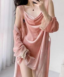 Women's Sleepwear Women Velour Bathrobe Gown Set Autumn Robe Nightgown Suit Lady Nightdress Two Piece Velvet Lace Kimono Loungewear