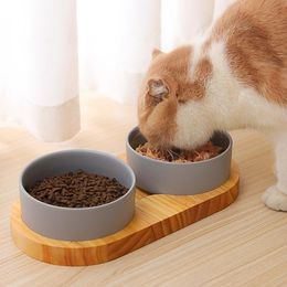 Feeding Ceramic Dog and Cat Bowl with Pine Stand NonSlip Pet Food and Water Bowls Set Indoors Pet Ceramic Bowls for Cat Medium Dog