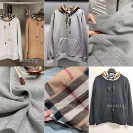 Men's Hoodies Sweatshirts Plaid Hooded Pullover Solid Color Stitching Casual Drawstring Kangaroo Pocket Female Jacket 98