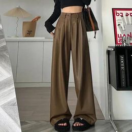 Women's Pants 2023 Wide-leg Women Leather Pu Fashion Casual High-waist Straight Trousers Soft Autumn Elegant Loose Office Clothes 29388