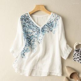 Women's Blouses Retro Cotton Linen Embroidered Tops Female Summer Fashion Chic Elegant Literary Thin Section Loose Casual V-neck Shirt