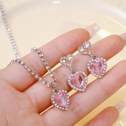 Pendant Necklaces Y2k Pink Heart Necklace Earrings Set For Women Girls Sparkling Cross Drop Anniversary Gift Trendy Jewellery