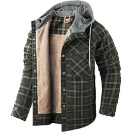 men's Hooded Coat casual thickened Long Sleeve Plaid work flannel button shirt jacket mens coat 24NID