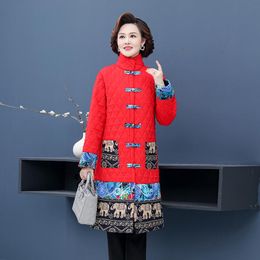 Parkas NEW Stand Collar Winter Coat Chinese Style Woman Fashion Flower printing Cotton Loose Coat Female National Style