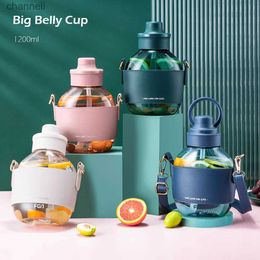water bottle 1.2L Large Capacity Sports Bottle Outdoor Portable Straw Cup With Strap Plastic Big Belly Water Cup Health Drink Kettle For Girl YQ231128