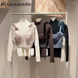 Women's Sweaters Kuzuwata Sweet Sling Fresh Tube Top Sets Vest Knit Long Sleeve Half-high Collar Casual Pullovers Japan Moda Elegant Suit