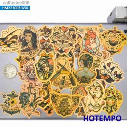 Tattoos Colored Drawing Stickers 50Pieces Yellowing Retro Decals Old School Tattoo Girl Sailor Funny Stickers for Bike Car Motorcycle Guitar Phone Laptop StickerL