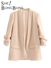 Blazers SheBlingBling 2022 Women Casual Traf Jacket Spring Shawl Collar Ruched Sleeves Loose Blazers OL Style Open Stitch Long Coats