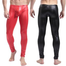 Pants Top Quality Mens Black/Red Faux Patent Leather Skinny Pencil Pants PU Latex Stretch Leggings Men Sexy Clubwear Bodywear Trousers