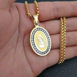 Pendant Necklaces Men Women Fashion Vintage Virgin Mary Portrait Oval Set Zircon Necklace Catholic Amulet Jewelry Gift