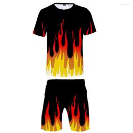 Men's Tracksuits Summer Beach Red And Yellow Flame 3D Shorts T-shirt Set Men Women Creative T Shirt