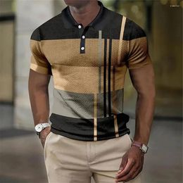 Men's Polos Casual Muscle T Shirt Short Sleeve Tops Stripe Slim Button Shirts Dress Tee In Khaki/Blue/Purple/Red/Gray