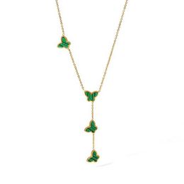 Pendant Necklaces Dome Cameras ALLNEWME Dainty Green Natural Stone Malachite Butterfly Y Shape Pendant Necklaces for Women 18K Gold Stainless Steel AA230428