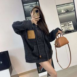 sweater designer fashion LoeweesHigh definition version 2023 autumn and winter new letter leather label Fried Dough Twists hat rope button sweater loose thin top