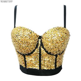 Camis Sexy Bright Beading Sequins Nightclub Push Up Bralette Bra Cropped To Wear Out Corset Tops Female Camis Crop Top Mujer Clothes