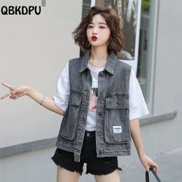 Waistcoats Casual Grey Black Denim Vest Women Streetwear Bleached Loose Sleeveless Jacket Big Pocket Chaleco Mujer Boyfriend Style Weste