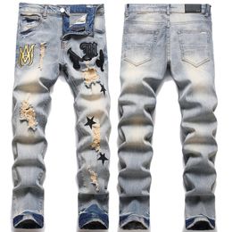 Men's Jeans European Jean Hombre Letter Star AM tiny spot Men Embroidery Patchwork Ripped Trend Brand Motorcycle Pant Mens Skinny AM3376# size 29-38