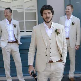 Men's Suits Beige Beach Linen Men For Wedding 3 Piece Jacket Vest With Pants Groom Tuxedo Fashion Costume High Quality 2023