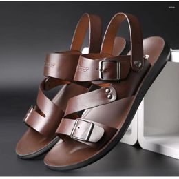 Sandals Shoes For Men Solid Colour Leather Summer Casual Comfortable Open Toe Flat Soft Beach Footwear Sandalia Masculina