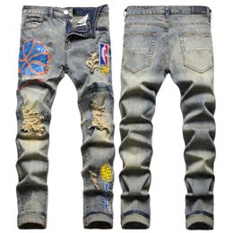 Men's Jeans European Jean Hombre Letter Star AM tiny spot Men Embroidery Patchwork Ripped Trend Brand Motorcycle Pant Mens Skinny AM3168# size 29-38