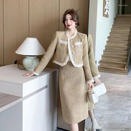 Two Piece Dress Autumn Women's Tweed Suit Fashion Luxury High Quality Celebrity Slim Short Blazer Jacket Long Skirt 2pcs Matching Set