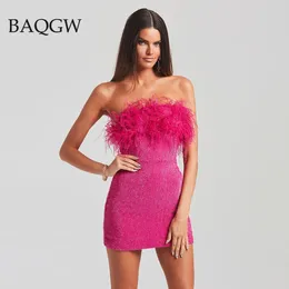 Casual Dresses Sexy Feather Sequined Patchwork Clubwear Strapless Glitter Rose Mini Birthday Party Bodycon Summer Off Shoulder Dress