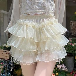 Women's Shorts Women Sweet Lace Layered Mini Skirt Elastic Waist Bloomer Ruffled Hem A-Line Streetwear Aesthetic Clothes