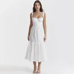 Casual Dresses Mingmingxi High Quality Women's Summer Dress 2023 Linen-cotton Blend Jacquard Elegant Sexy Slip White Vacation Midi