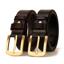 Belts Top Quality 100% Solid Cowskin Belt Men's Retro Cowhide Leather Brass Pin Buckle Belts Men 105-130cm cintos men belt cintura 231128