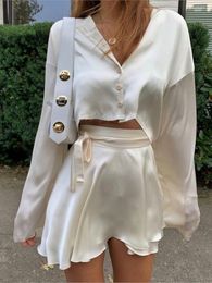 Two Piece Dress White Elegant Satin 2 Two Piece Set Women Lantern Long Sleeves Crop Tops Cardigan Sexy High Waist Y2K Tennis Sports Skirts 230428