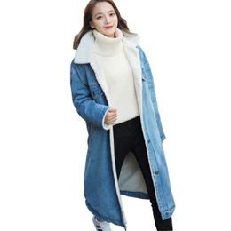 Leather 2022 Winter Denim Coats New Women's Parka Thick Flocking Long Jeans Jacket Female Long Sleeve Single Breasted Cotton Coats G626