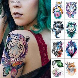 Tattoos Coloured Drawing Stickers 1 Sheet Animal Fake Tattoo Sticker Wolf Tiger Fox Cool Temporary Waterproof Body Art Tatoo Coloured Draw For Women MenL231128