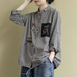 Women's Blouses Shirts Women Casual Shirt Korean Style Vintage Plaid Cartoon Embroidery Oversized Female Woman Blouses Shirts P1278 230428