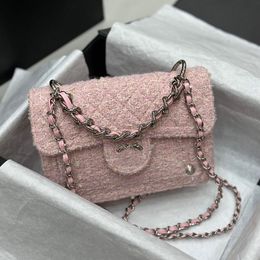 Trend Women Flap Tweed Crossbody Bag Luxury Quilted Classic Portable Evening Clutch Pink Vintage Coin Purse Suitcase Silver Hardware Card Holder Sacoche 18CM