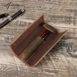 Handmade Retro Genuine Leather Pen Pencil Roll Case 3 Folding Organiser Stationery Bag Portable Pouch For School Supplies