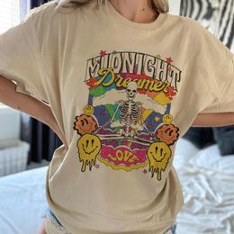 T-Shirts 70s Retro Skeleton Art Psychedelic T Shirt Women Short Sleeve Oversized Boho Vintage Aesthetic Tshirt Witch Top Hippie Clothes