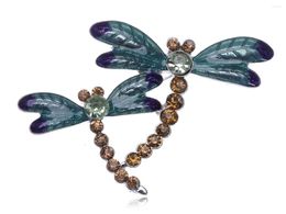 Brooches Silvery Tone Light Brown Rhinestones Blue Green Two Dragonfly Brooch Pin