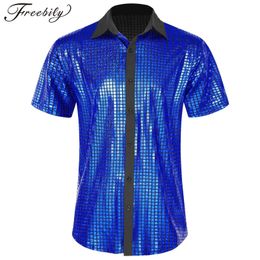 Men's Casual Shirts Mens 70s Disco Metallic Shiny Plaid Print Shirt Short Sleeve Button Down Shirts Nightclub Party Tops Stage Performance Costume 231127