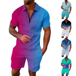 Gym Clothing Male Casual Striped Print Two Piece Suit Zipper Collar Short Sleeve Party Suits Men 3 Mens Slim Fit Tux