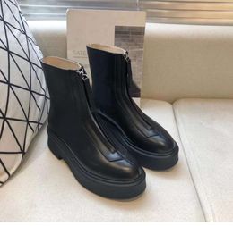 The row smooth Leather Ankle Chelsea Boots platform zipper slipon round Toe block heels Flat Wedges booties chunky boot luxury Comfortable shoes BGVFT