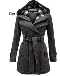 Blends Autumn Elegant Vintage Office Lady Women Overcoats Slim Plain Belt Girls Winter Grey Female Coats hooded doublebreasted 2XL 3XL