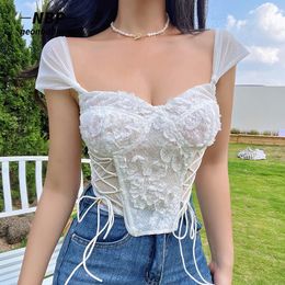 Camis NEONBABIPINK Flower Mesh Sheer Crop Top Square Neck Lace Up Corset Fairycore Clothing White Pink Cute Sexy Busiter N76CI10