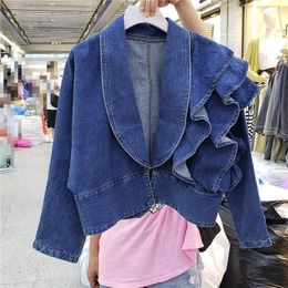 Women's Jackets 2023 Korean Fashion V-neck Ruffles Long Sleeve Short Denim Jacket Women's Novelty Design High Waist Punk Street Coat